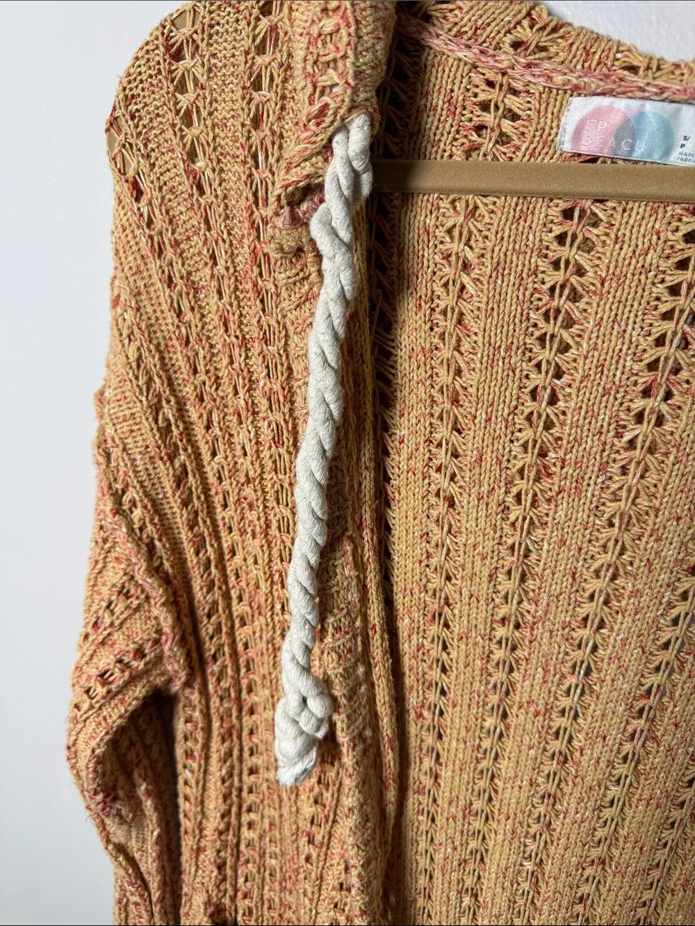 Free People Beach Open-Knit Hooded Cardigan Sweater in Peach Small